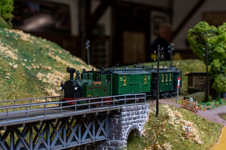 In der Baugröße H0e präsentieren sich Modelle sächischer Schmalspurbahnen auf der ehemaligen Präsentationsanlage der Firma Technomodell.
